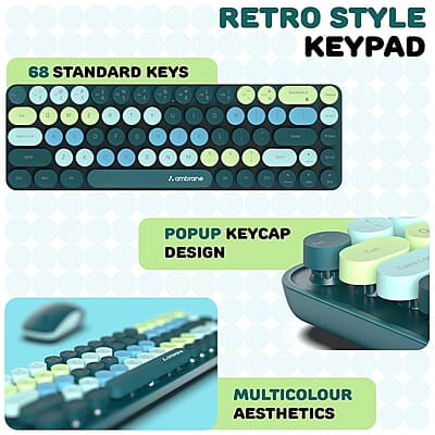 Ambrane Combo of Wireless Keyboard with Mouse Retro Typewriter Inspired, 2.4GHz for Desktop, Laptop, MacBook and Devices with USB Support, Compact Light-Weight, Single Nano Receiver KeyPop