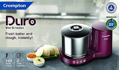 Crompton Greaves Duro 2-L Wet Grinder with Motor Vent-X Technology 1 Jar with Coconut Scrapper and Atta Kneader Accessories