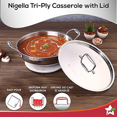 Wonderchef Nigella Tri-ply Stainless Steel 24 cm Kadhai with Lid 2.2 litres 2.6mm Thickness