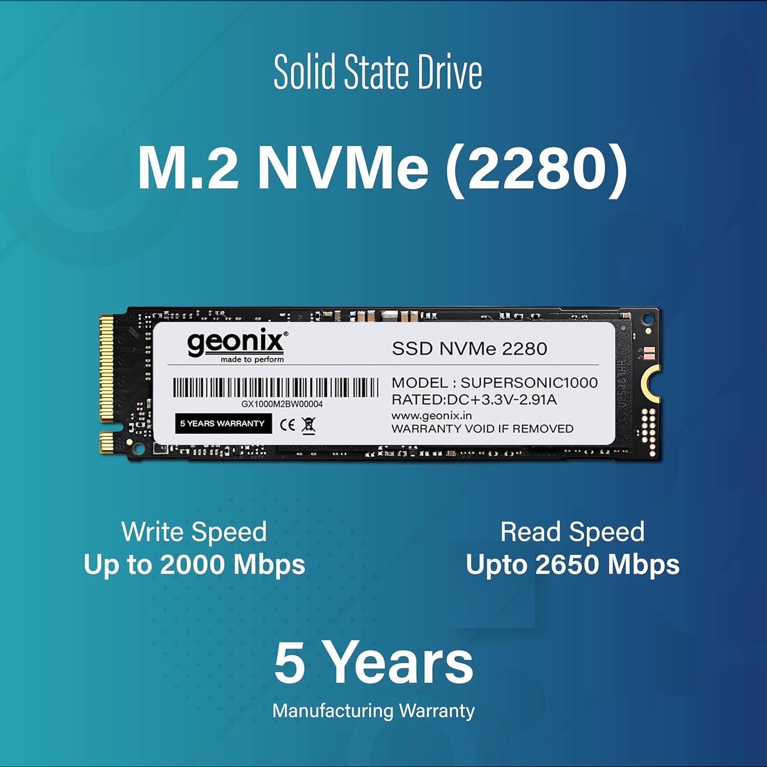 Geonix 256GB M.2 NVMe SSD, 2280, 6Gb/s, 2650/2000 Mbps, 5 Years Warranty, GXNVME256GB Geonix 256GB M.2 NVMe SSD, 2280, 6Gb/s, 2650/2000 Mbps, 5 Years Warranty, GXNVME256GB