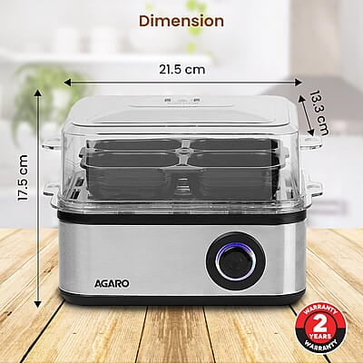 AGARO Grand Egg Boiler and Poacher,2-in1 Boils 8 Eggs, Poach 4 Eggs, Steamed Vegetables, 3 Boiling Modes, Stainless Steel Body, Transparent Lid, 500 Watts, Silver 14 ounces