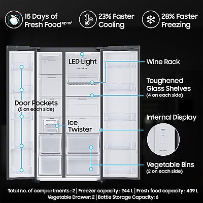 Samsung 653 L, 5 Star, Frost Free, Double Door, Convertible 5-in-1 Digital Inverter, Side By Side AI Enabled Smart Refrigerator with WiFi