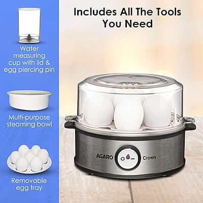 AGARO Crown Instant Egg Boiler 360 Watts, Boils Up to 7 Eggs with 3 Modes Heating/Stainless Steel Body (Silver) AGARO Crown Instant Egg Boiler 360 Watts, Boils Up to 7 Eggs with 3 Modes Heating/Stainless Steel Body (Silver)