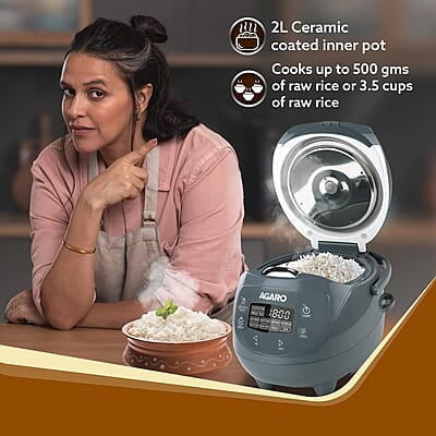 AGARO Imperial Electric Rice Cooker, 2L Ceramic Coated Inner Bowl, Steam Basket, 8 Preset Cooking Function with Advanced Fuzzy Logic 350W