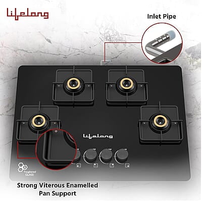 Lifelong 4 Gas Burner Top - 4 Burners Hob Top Gas Stove with Automatic Ignition - Toughened Glass top