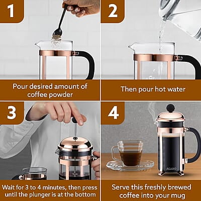 AGARO Royal French Press Coffee And Tea Maker, Borosilicate Glass Body With Sleeves, Glass Carafe, BPA Free Plastic Lid Strainer, 600Ml