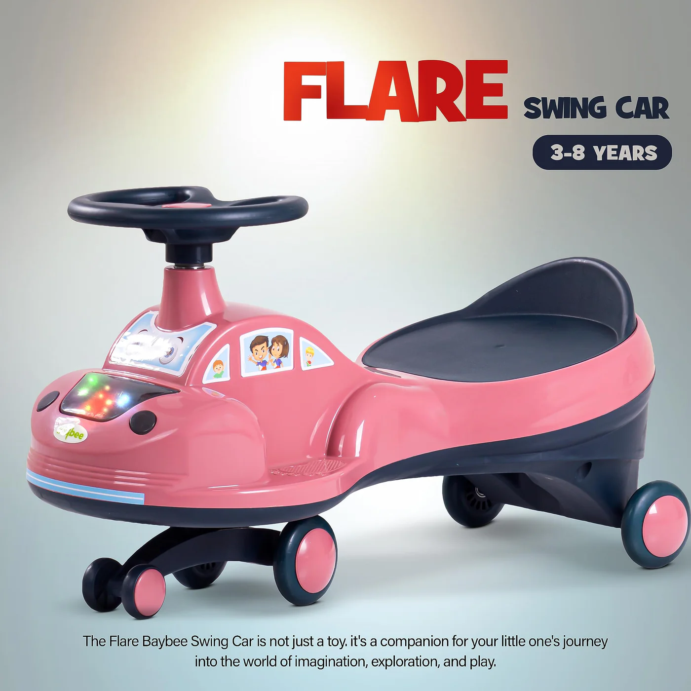 Baybee Flare Kids Ride on Magic Swing Cars with Flashing LED Lights Music & PP Wheels- Dark Pink