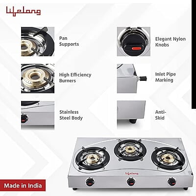 Lifelong LLGS399 Stainless Steel 3 Burner (ISI Certified