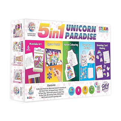 RATNA'S 5 in 1 Unicorn Paradise Kit with Activities Like Mandala Art, Jigsaw Puzzle, Apron Colouring, Paper Bag Making & Greeting Card Making Art & Craft Creative Kit for Kids 5+ Years