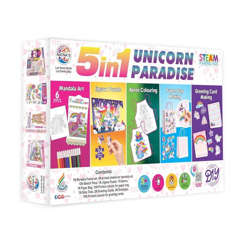 RATNA'S 5 in 1 Unicorn Paradise Kit with Activities Like Mandala Art, Jigsaw Puzzle, Apron Colouring, Paper Bag Making & Greeting Card Making Art & Craft Creative Kit for Kids 5+ Years RATNA'S 5 in 1 Unicorn Paradise Kit with Activities Like Mandala Art, Jigsaw Puzzle, Apron Colouring, Paper Bag Making & Greeting Card Making Art & Craft Creative Kit for Kids 5+ Years
