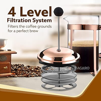 AGARO Royal French Press Coffee And Tea Maker, Borosilicate Glass Body With Sleeves, Glass Carafe, BPA Free Plastic Lid Strainer, 600Ml