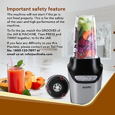 AGARO Marvel Nutri Blender, BPA Free 2 Tritan Jars, 1000W, 100% Copper Motor, 2 Speed Modes with Pulse, Detachable Base, Stainless Steel Blades, Blend, Mix, Grind, Smoothie, Juice Maker, Black