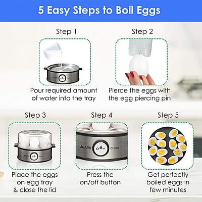 AGARO Crown Instant Egg Boiler 360 Watts, Boils Up to 7 Eggs with 3 Modes Heating/Stainless Steel Body (Silver) AGARO Crown Instant Egg Boiler 360 Watts, Boils Up to 7 Eggs with 3 Modes Heating/Stainless Steel Body (Silver)