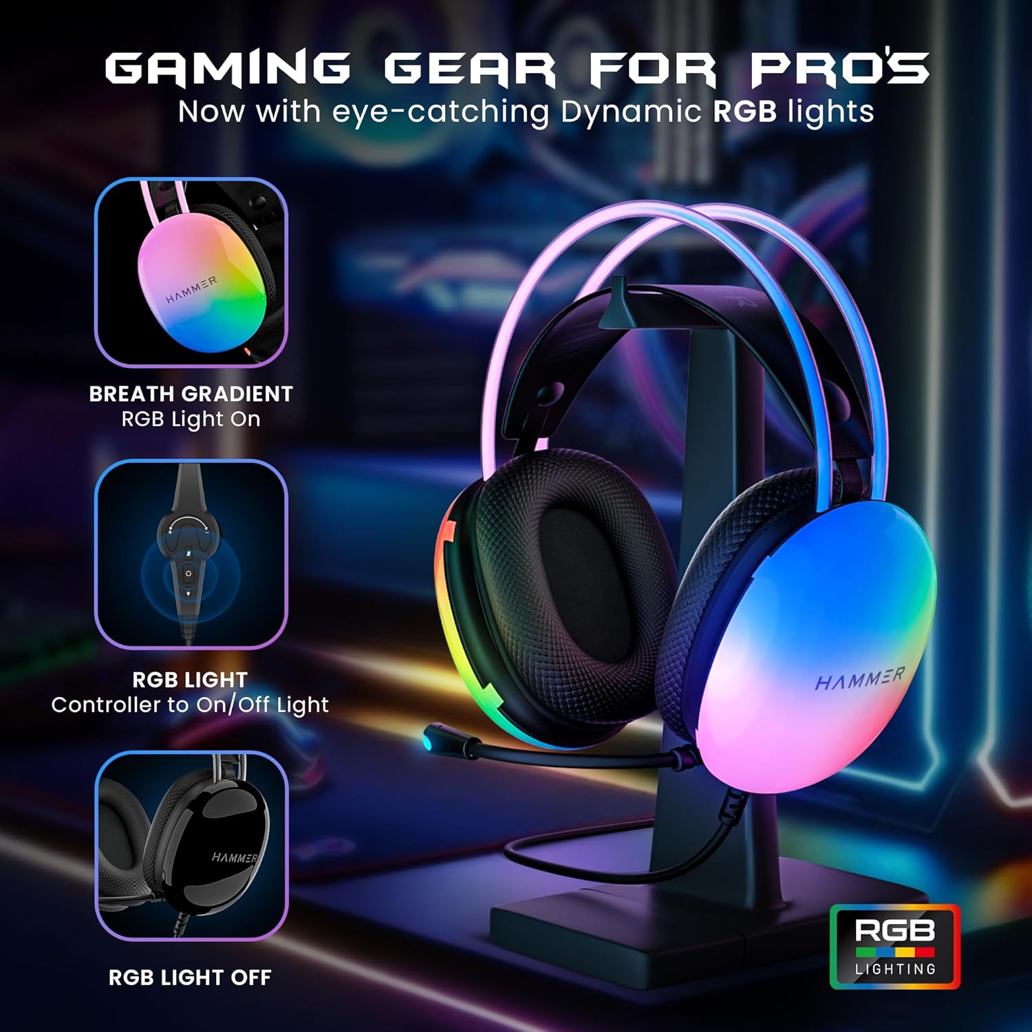 HAMMER Blaze Wired Over Ear Gaming Headphones with Mic, 50mm Drivers, Full RGB Lights, Gaming Headset with Adjustable Bands, Breathable earcushion, 1.5Mtr Wire with USB (Black) HAMMER Blaze Wired Over Ear Gaming Headphones with Mic, 50mm Drivers, Full RGB Lights, Gaming Headset with Adjustable Bands, Breathable earcushion, 1.5Mtr Wire with USB (Black)