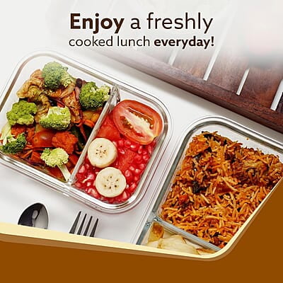 AGARO Compartment Lunch Box/Container 600Ml, Office Tiffin Box for Men & Women, Borosilicate Glass Body