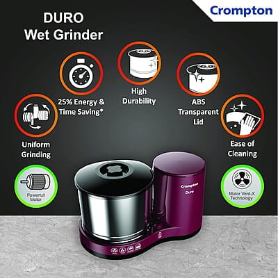 Crompton Greaves Duro 2-L Wet Grinder with Motor Vent-X Technology 1 Jar with Coconut Scrapper and Atta Kneader Accessories