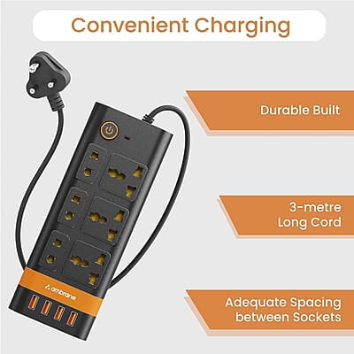 Ambrane Extension Board, 10 Ports with 4 USB Ports + 6 Power Sockets Smart Electric Surge Protector Multi Plug with 2500W, 3Mtr Cord Length, 2.1A USB Output Smartstrip