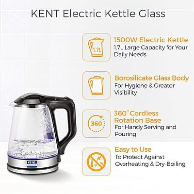 KENT 16023 Electric Glass Kettle 1.7 L | 1500W | Stainless Steel Heating Plate | Borosilicate Glass Body | Boil Drying Protection | 360° Rotating Base
