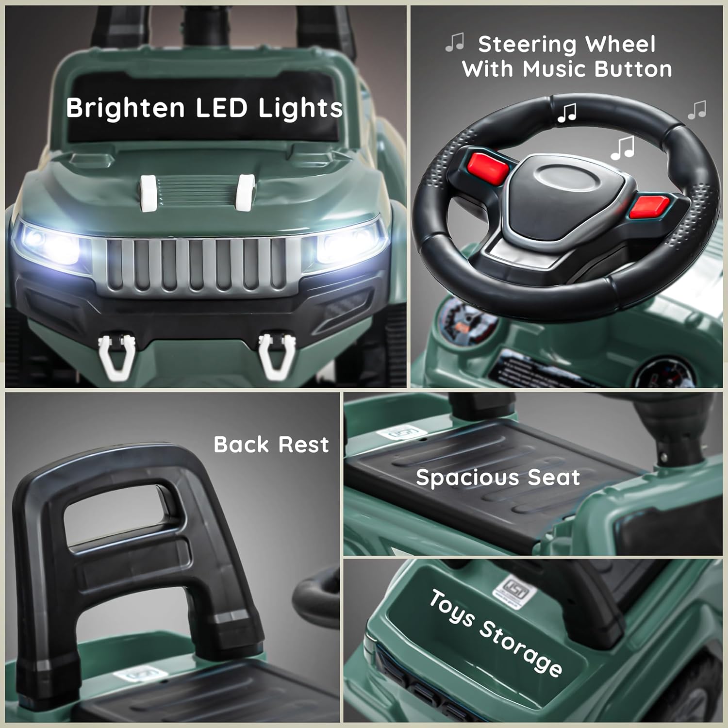 Baybee Push Ride on Baby Jeep for Kids Toys with LED Light & Storage Bin- Dark Green Baybee Push Ride on Baby Jeep for Kids Toys with LED Light & Storage Bin- Dark Green
