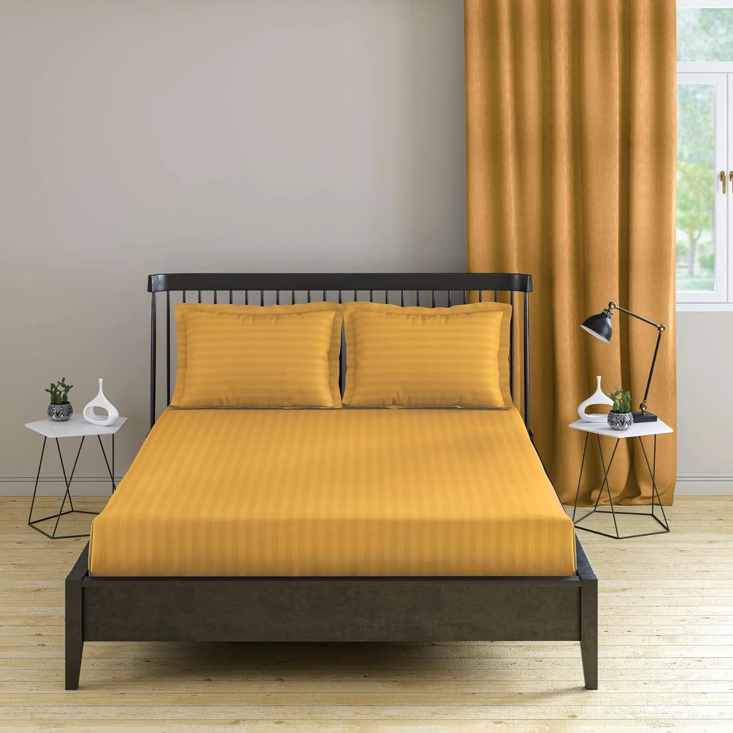 Bedsheet (Fitted) Glace Cotton 300 TC - Striped - Yellow