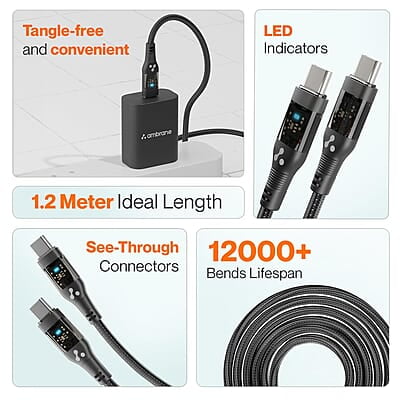 Ambrane 60W Type C to Type C Cable with 3A Fast Charging, 1.2M Braided cable for Smartphones, Tablets, Laptops & other Type C devices, PD Technology, 480Mbps Data Sync (ABCC-12T