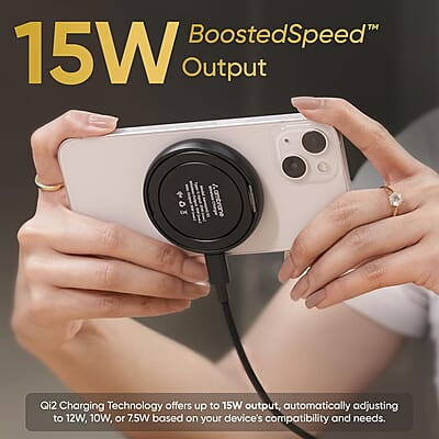 Ambrane 15W MagSafe Wireless Charger & Mobile Stand Lightweight & Foldable for iPhone 15/15 Plus/15 Pro/15 Pro Max, iPhone 12/13/14 Series & Other Qi Devices + Magnetic Ring