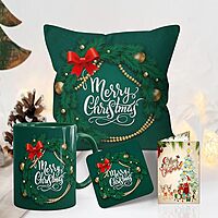 Merry Christmas Gift Combo with Mug & Cup, Cushion, Coaster
