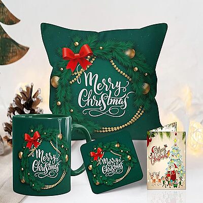 Merry Christmas Gift Combo with Mug & Cup, Cushion, Coaster Merry Christmas Gift Combo with Mug & Cup, Cushion, Coaster