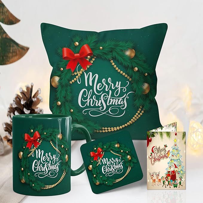 Merry Christmas Gift Combo with Mug & Cup, Cushion, Coaster Merry Christmas Gift Combo with Mug & Cup, Cushion, Coaster