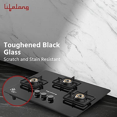Lifelong 3 Gas Burner Top - 3 Burners Hob Top Gas Stove with Automatic Ignition - Toughened Glass top Gas Stove