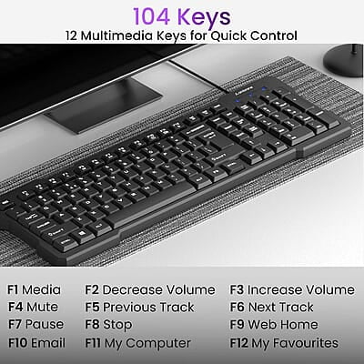 Ambrane Wired Keyboard, 104 Key with Membrane Switch Quick, 12Fn Shortcut Keys, Plug and Play USB Connection Compatible with PC, Mac, Laptop, Comfy and Ergonomically Design