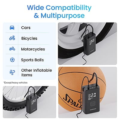 Ambrane Wired Tyre Inflator Air Pump for Cars with digital display & LED Light, 60W with up to 100 Psi, Portable Air Compressor, with Nozzles for Car, Bike, Motorcycle, Sports Ball