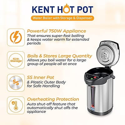 KENT Hot Pot Auto Electric Kettle With Water Dispenser 4L Storage Capacity 750W Appliance to Ensure Super Fast Boiling SS Inner Pot & Plastic Outer Body Reboil Feature Overheating Protection Silver