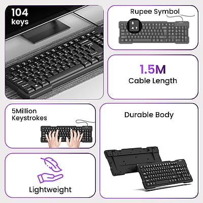 Ambrane Wired Keyboard, 104 Key with Membrane Switch Quick, 12Fn Shortcut Keys, Plug and Play USB Connection Compatible with PC, Mac, Laptop, Comfy and Ergonomically Design