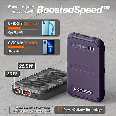 Ambrane 10000mAh Rugged, Slim & Compact Powerbank, 22.5W Fast Charging, USB & Type C Output