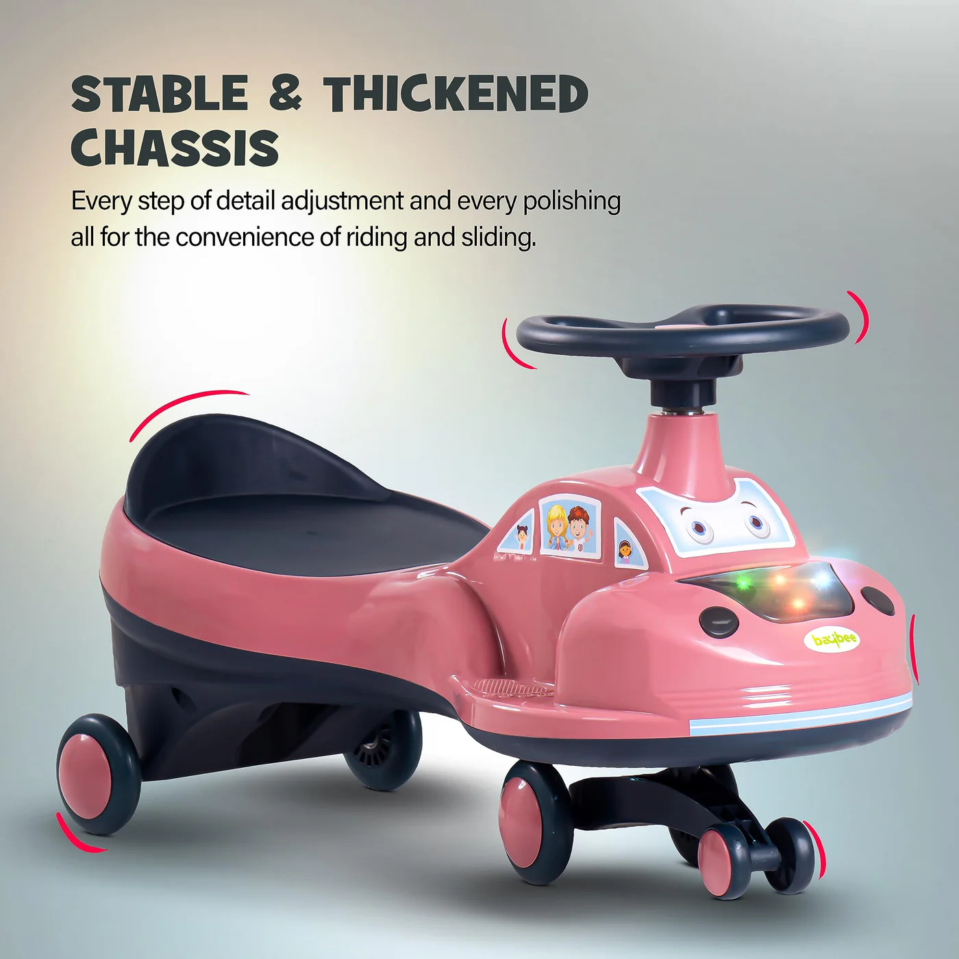 Baybee Flare Kids Ride on Magic Swing Cars with Flashing LED Lights Music & PP Wheels- Dark Pink