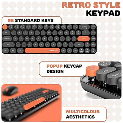 Ambrane Combo of Wireless Keyboard with Mouse Retro Typewriter Inspired, 2.4GHz for Desktop, Laptop, MacBook and Devices with USB Support, Compact Light-Weight, Single Nano Receiver KeyPop