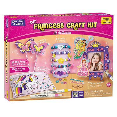 Imagimake Princess Craft Kit | 10 Mess-Free Activities | DIY Flat Bead Bracelets, Unicorn Pouch, Butterfly Wands & Photo Frame | 400+ Craft Supplies