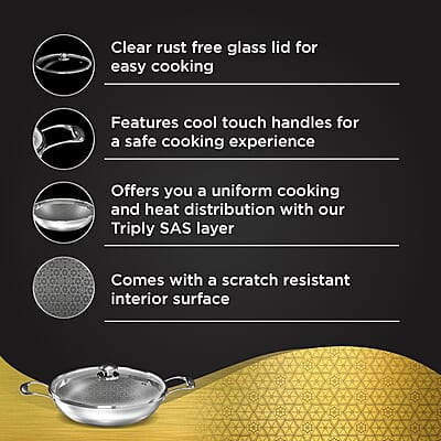 Preethi Diva Collection Triply Stainless Steel Kadai with API Technology, 28 cm, Gas & Induction