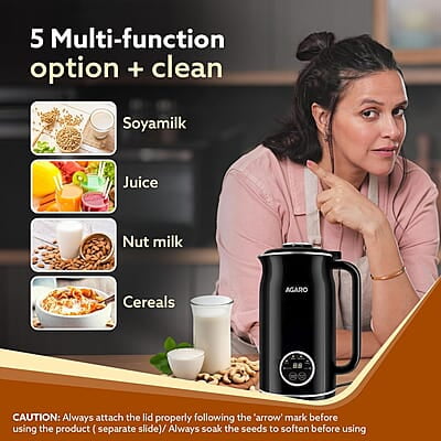 AGARO Regency Automatic Nut Milk Maker, Vegan Milk Machine, Make Vegan Milk From Nuts, Almonds, Soya, Oats etc, Boil Water, Juice, Cereals, Stainless Steel Body, 600ml, Black