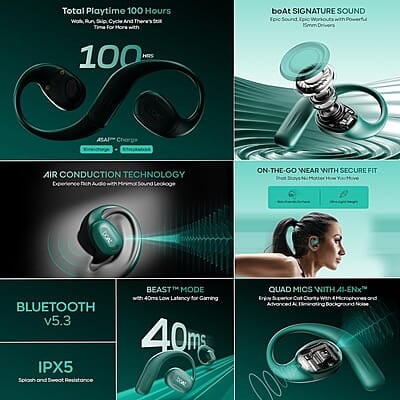 boAt Newly Launched Airdopes Progear Open Ear Ear Buds W/Air Conduction Technology, 4 Mics W/Ai-Enx, 100Hrs Playback, 15Mm Drivers, Secure Fit,Beast Mode W/ 40Ms Latency,ASAP Charge