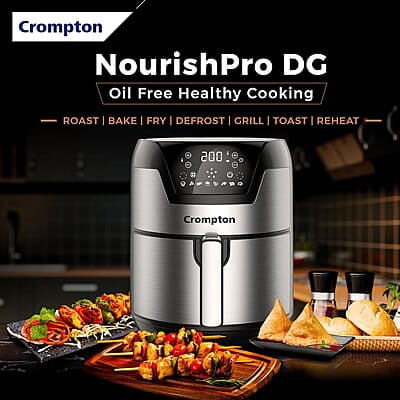 Crompton NourisPro DG 4.5 Ltr Digital Air Fryer with Quick Fry Technology 1500 Watts Double Inner Bowl for Easy Cleaning