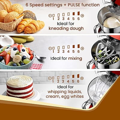 AGARO Supreme Stand Mixer 1500W with 6.2L SS Bowl, 6 Speed Setting, Pulse Function, Die Cast Aluminium Body, Copper Motor