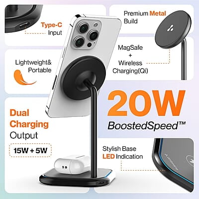 Ambrane 20W MagSafe 2in1 Wireless Charger & Mobile Stand for Both iPhone & Airpods (iPhone 15/15 Plus/15 Pro/15 Pro Max, iPhone 12/13/14 Series) & Qi Devices + Magnetic Ring