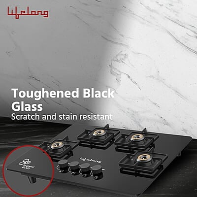 Lifelong 4 Gas Burner Top - 4 Burners Hob Top Gas Stove with Automatic Ignition - Toughened Glass top