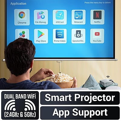 ZEBRONICS PIXAPLAY 58, Smart Projector, 11500 Lumens, 4K Support, 210 Inch Screen Size, Quad Core Processor, Bluetooth, HDMI, USB, WiFi, AUX, 1080p Native, APP Support, Miracast