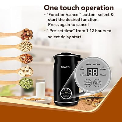 AGARO Regency Automatic Nut Milk Maker, Vegan Milk Machine, Make Vegan Milk From Nuts, Almonds, Soya, Oats etc, Boil Water, Juice, Cereals, Stainless Steel Body, 600ml, Black