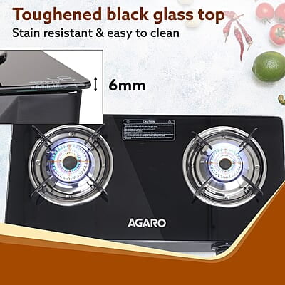 AGARO Elite 2 Burners Gas Stove, Toughened Glass Top, Round Brass Burners, 1 Small & 1 Medium Size Burner AGARO Elite 2 Burners Gas Stove, Toughened Glass Top, Round Brass Burners, 1 Small & 1 Medium Size Burner