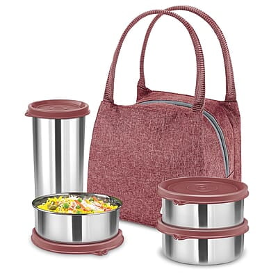 MILTON Bling Bag Tiffin (3 Inner Stainless Steel Containers 320 ml each and 1 Tumbler, 380 ml with Jacket MILTON Bling Bag Tiffin (3 Inner Stainless Steel Containers 320 ml each and 1 Tumbler, 380 ml with Jacket