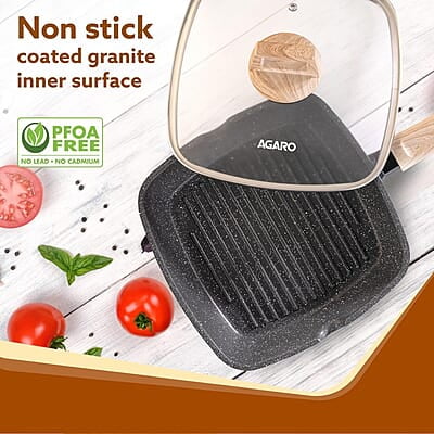 AGARO Imperial Granite Non Stick Grill pan with Glass Lid, 1.8L/ 24cm, Cast Aluminium Body AGARO Imperial Granite Non Stick Grill pan with Glass Lid, 1.8L/ 24cm, Cast Aluminium Body